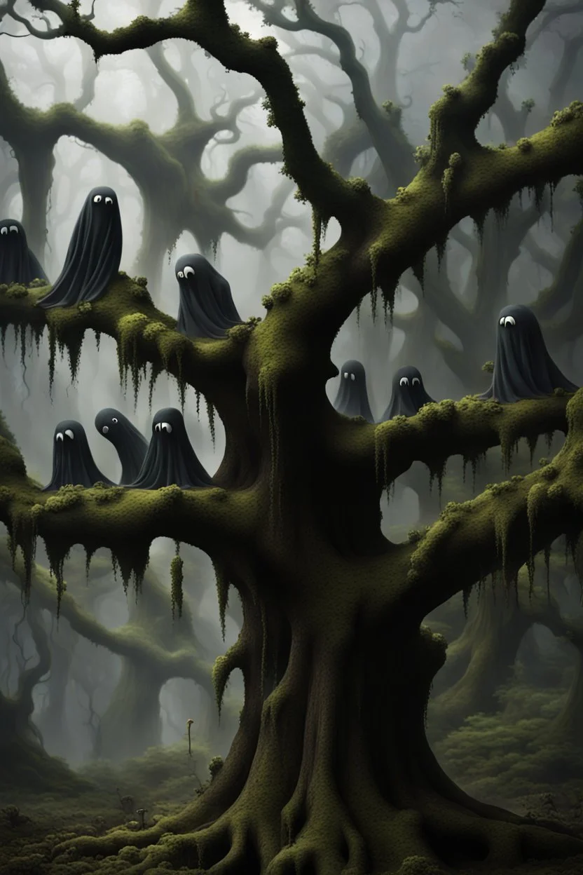 A group of black ghosts creatures hanging upside down from a tree without leaves . The tree skin is covered in moss and lichen, allowing it to blend seamlessly into its surroundings. Dark cave Spirits feed on the energy of trees and can create thick fog to confuse their victims.