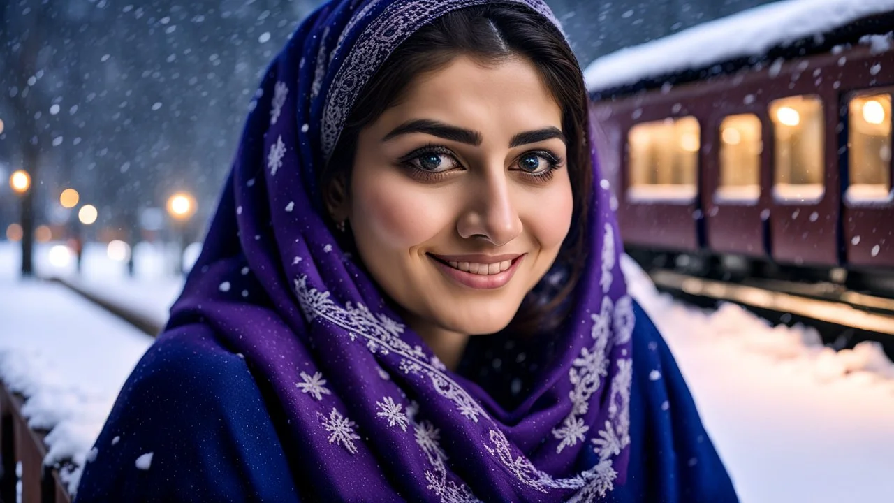 Hyper Realistic Photographic Low-Angle View Of A Beautiful Young Pashto Woman With Beautiful Eyes Lips & Nose (Wearing Beautiful Navy-Blue Frock With Purple Embroidery & White-Wool Shawl With Her Long Black Whirling) Happily Sitting On The Bench & Smiling At The Village Railway Platform At Heavy Snowfall Night Showing Dramatic & Cinematic Ambiance.