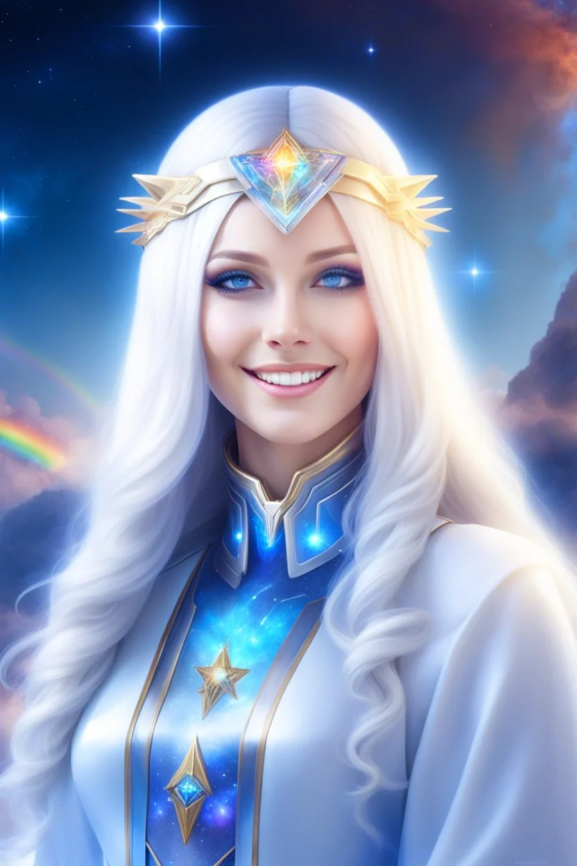 cosmic woman smile,galactic fédération, admiral from the future, one fine whole face, crystalline skin, expressive blue eyes,rainbow, smiling lips, very nice smile, costume pleiadian, Beautiful tall woman pleiadian Galactic commander, ship, perfect datailed golden galactic suit, high rank, long blond hair, hand whit five perfect detailed finger, amazing big blue eyes, smilling mouth, high drfinition lips, cosmic happiness, bright colors, blue, pink, gold, jewels, realist, high,ufo rainbow