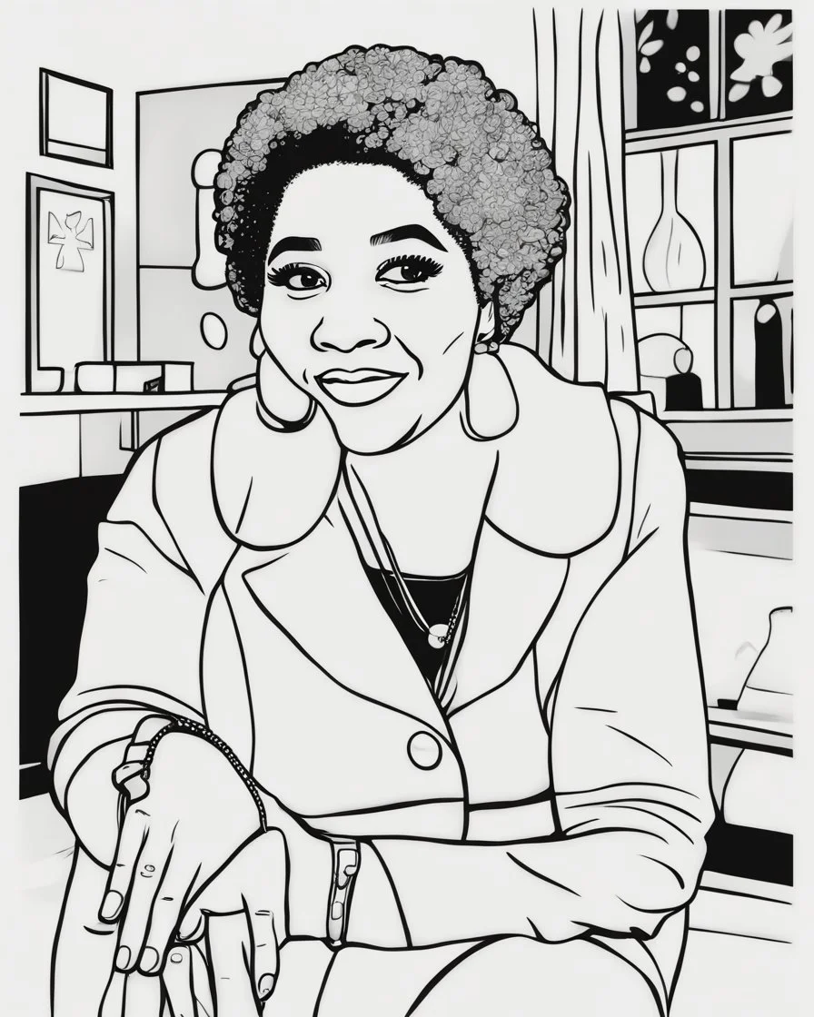 coloring page for teens, simple outlines art, cartoon style, outline drawing, bold outlines, clean and clear outlines, no tones color, no color, no detailed art, art full view, wide angle, white background, Aretha Franklin