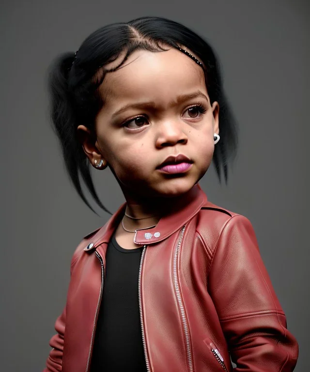 Rihanna toddler, full body, leather jacket, soft skin, dramatic lighting, hyper realistic