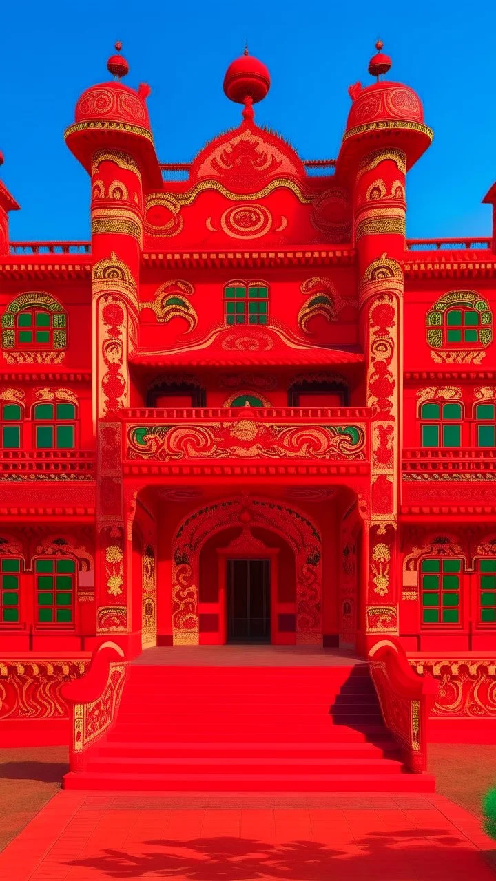 A red palace with a fiery dragon guarding it designed in Mehndi design painted by Andy Warhol