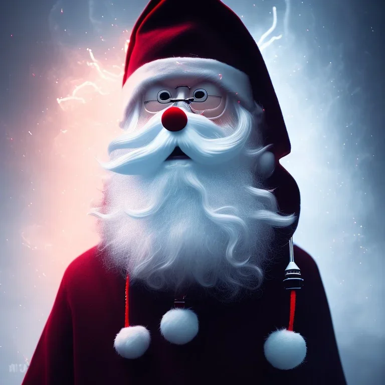 All Black Santa, ghost, wearing high tech mask, white smoke, dark, rage, high definition, ultra 8 k, volumetric lighting, blue fire, fog red rain