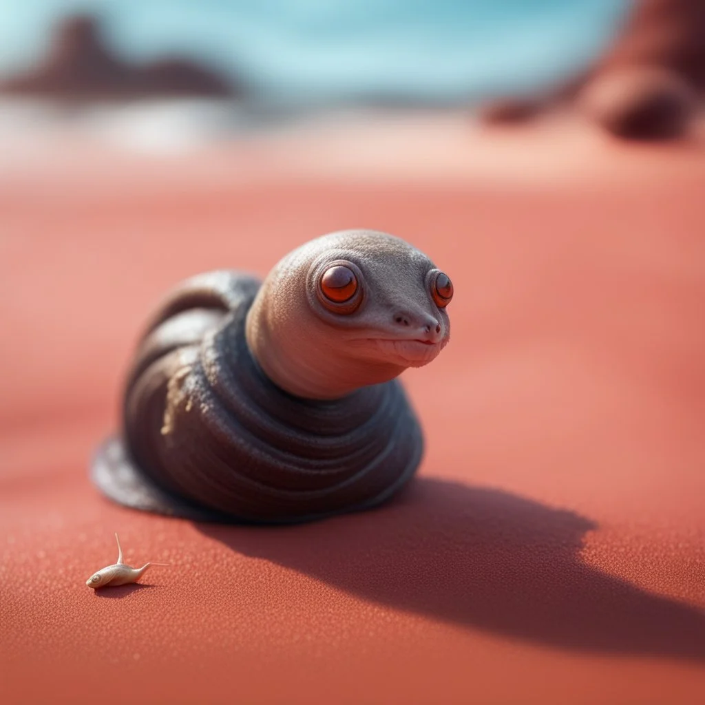 elongated female ninja dog snail witch on the red sand beach ,bokeh like f/0.8, tilt-shift lens 8k, high detail, smooth render, down-light, unreal engine