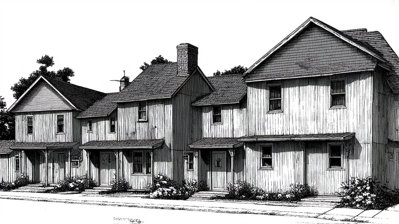 A front elevation fine line drawing of a row of ramshackle fantasy cottages.