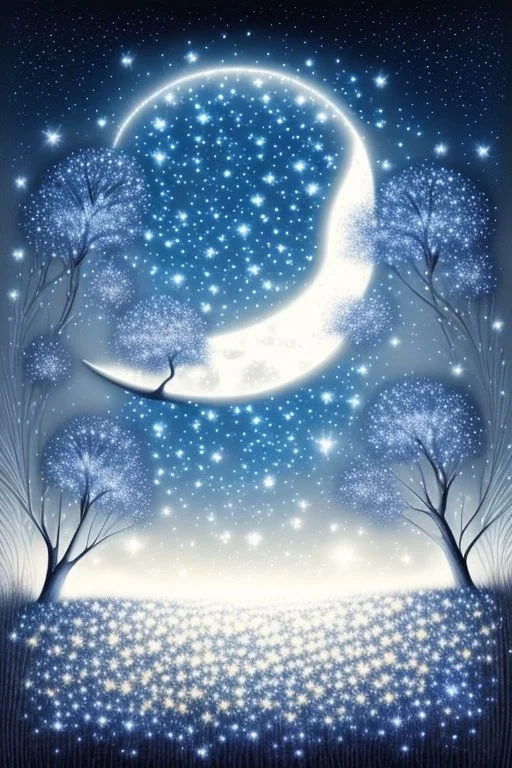 a background of softly blended blues, greys, silvers, and whites with distant, twinkling stars in the sky, an a circle moon casting a soft glow of light on a foreground of a field of various flowers surrounding a tree of life