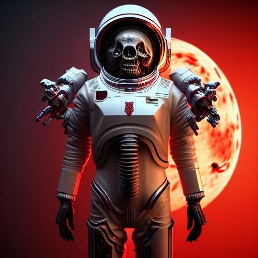 Highly detailed stunning image of undead zombie astronaut with iridescent blood red space suit,missing helmet face shield, dark fantasy, ghost in a shell, horror,evil, murderous,haunting,scary intricate details, cinematic, 8k, ultrarealistic, unreal engine,