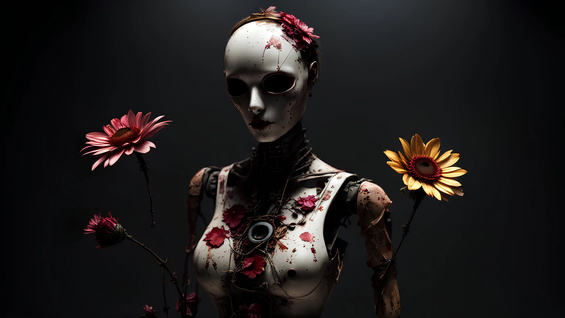 A gritty horror game rendering of a creepy posable art mannequin with articulated joints, the art style of Silent Hill, decaying, liminal spaces, eerie, flirty, painted Kintsugi porcelain, wet, glossy, viscera, colorful flower petals, dark fine arts, morbid fine arts, macabre fine arts, 16k resolution, high quality, sharp focus, intricate details, highly detailed, chaotic, dynamic lighting, backlit, photorealism, canon lens, full figure shot, deep color, black, white and crimson hour