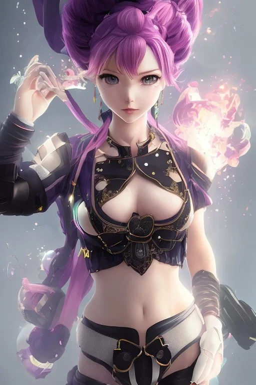 Detailed cute anime Kunoichi girl, purple hair buns, purple bangs, black latex bodysuit, intricate details, full body portrait, keep head in frame, slight smile, black Japanese motif, concept art, highly detailed, digital painting, concept art, sharp focus, illustration, art by Yoji Shinkawa, WLOP and greg rutkowski and alphonse mucha and artgerm and yanjun Chen and Junji ito and Makoto Shinkai, HDR, octane render