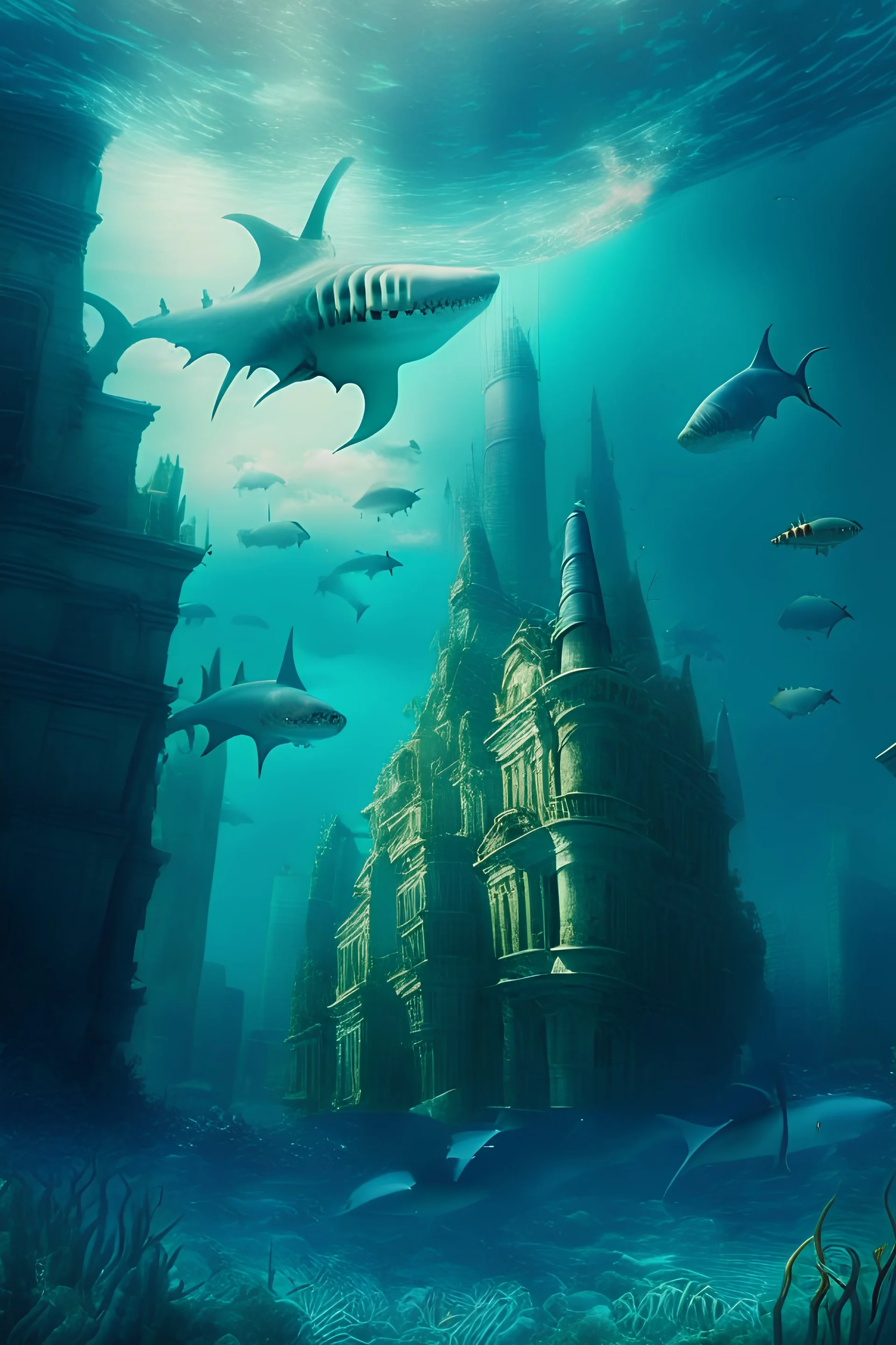 A city under the depths of the sea and there will be a shark in the picture and a lot of picturesque buildings and some algae