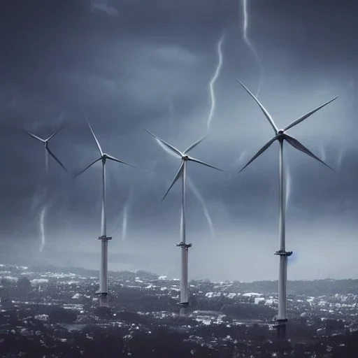 Thousands vertical wind turbines. Heavy cold rain. Thunderstorm. An engineer looking up. Futuristic scenary. Metallic mist.