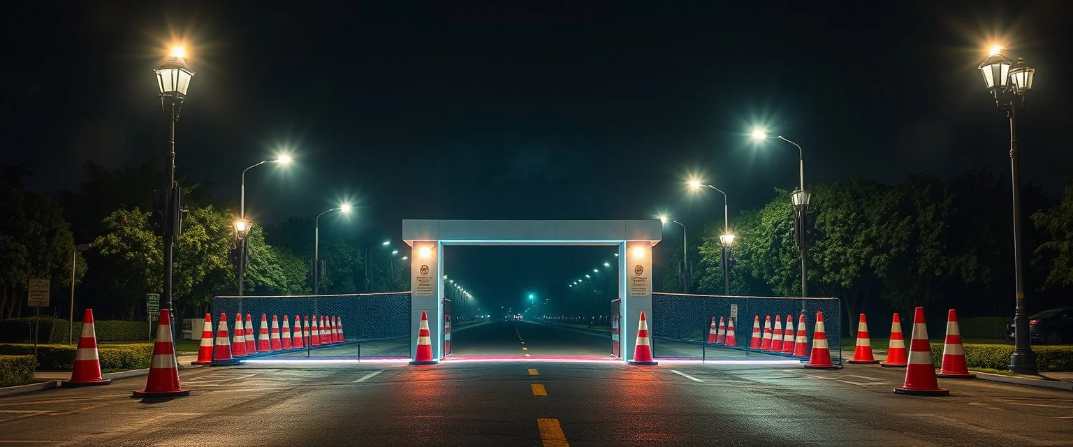 a realistic holographic old style military checkpoint projected by the cones of street lights in front of utopia green world