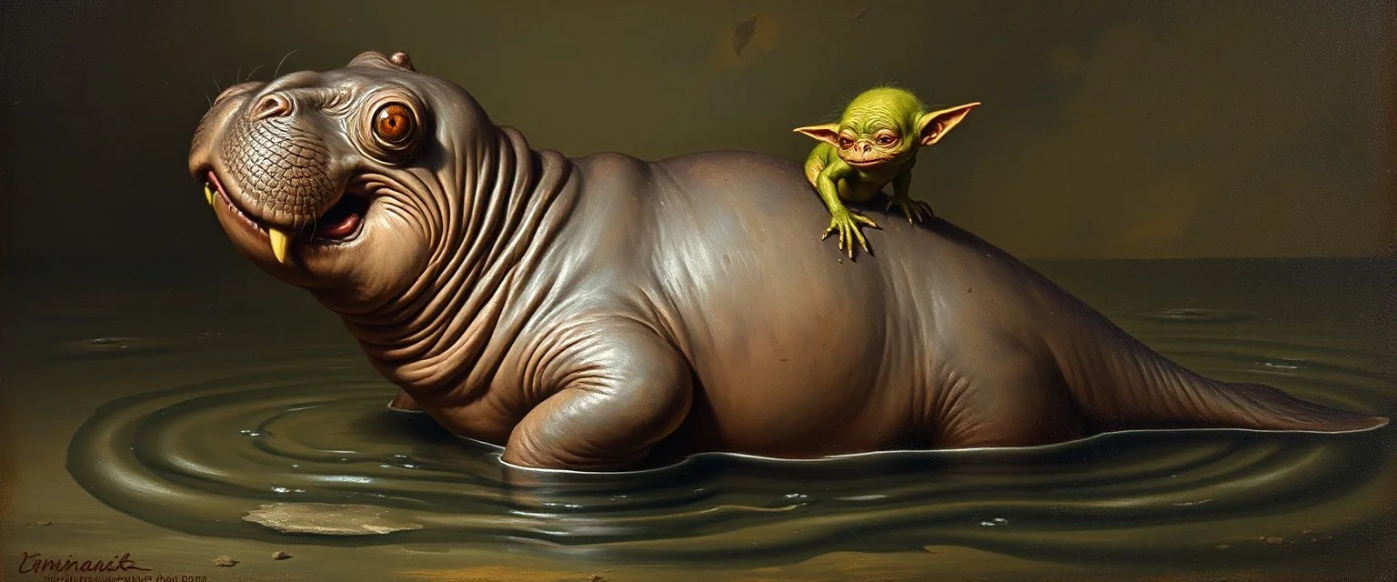 master oil painting by Rembrandt, creature from before the dinosaur alien seal gremlin munchin on a hippo