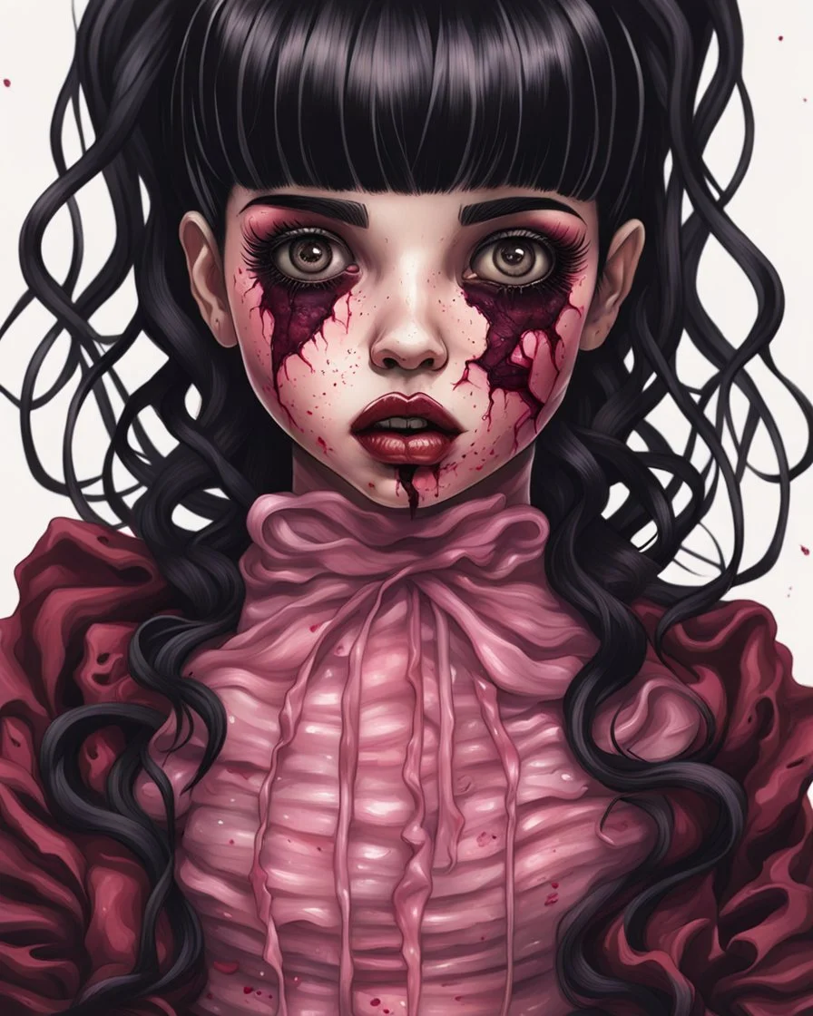 full color, illustration of a darkred and pink tones, menacing, Singer Melanie Martinez face, as a decayed, broken, skin turned translucent, black veins that extended like roots beneath her skin, latex suit, crude homemade cloth doll toy, with a narrow cracked porcelain face, thick dark eyebrows, hair in two gradually, made from ragged strips of cloth, in the style of Alex Pardee, Tim Burton, and Nadya Sheremet