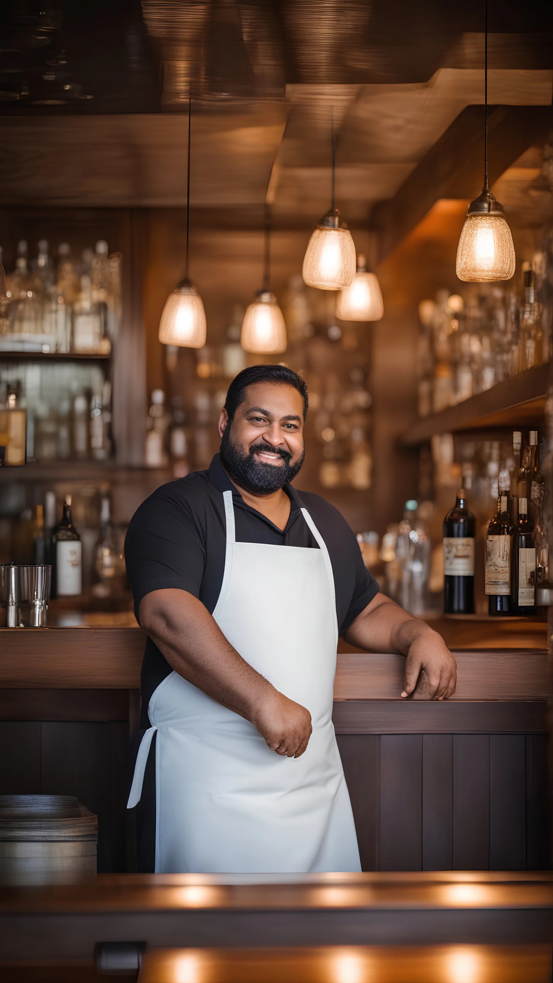 photography of a massive strong burly chubby indian barman 39 years old, short hair, short silver beard,, big shoulders, big calves, shy smling, photorealistic, side light, frontal view from the ground, in a casual bar shirtless wearing a white apron