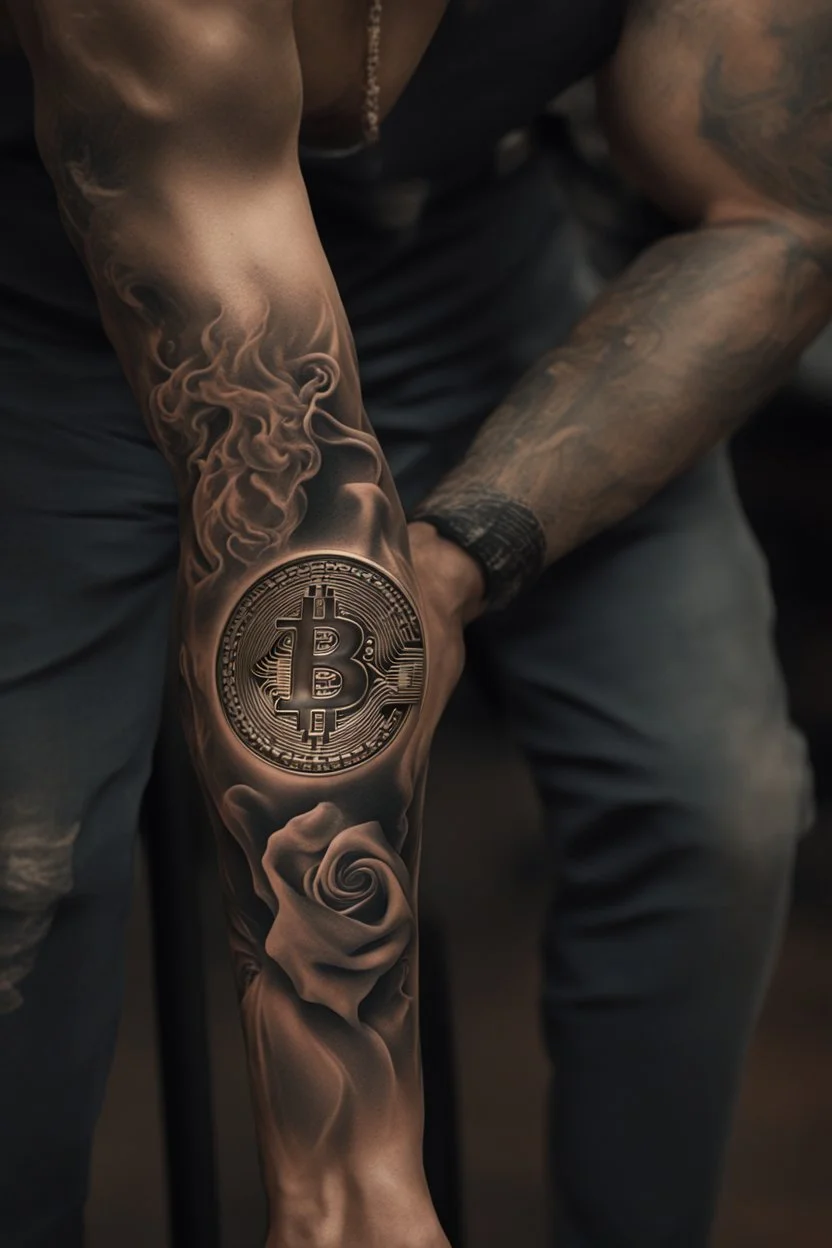 close view of a man's arm that has just been tattood by a branding iron, the branding tool just lifted up from the skin and the tattoo is hot and still smoking from the heat, the tattoo is a Bitcoin symbol. Hyper realistic, 8k, realistic