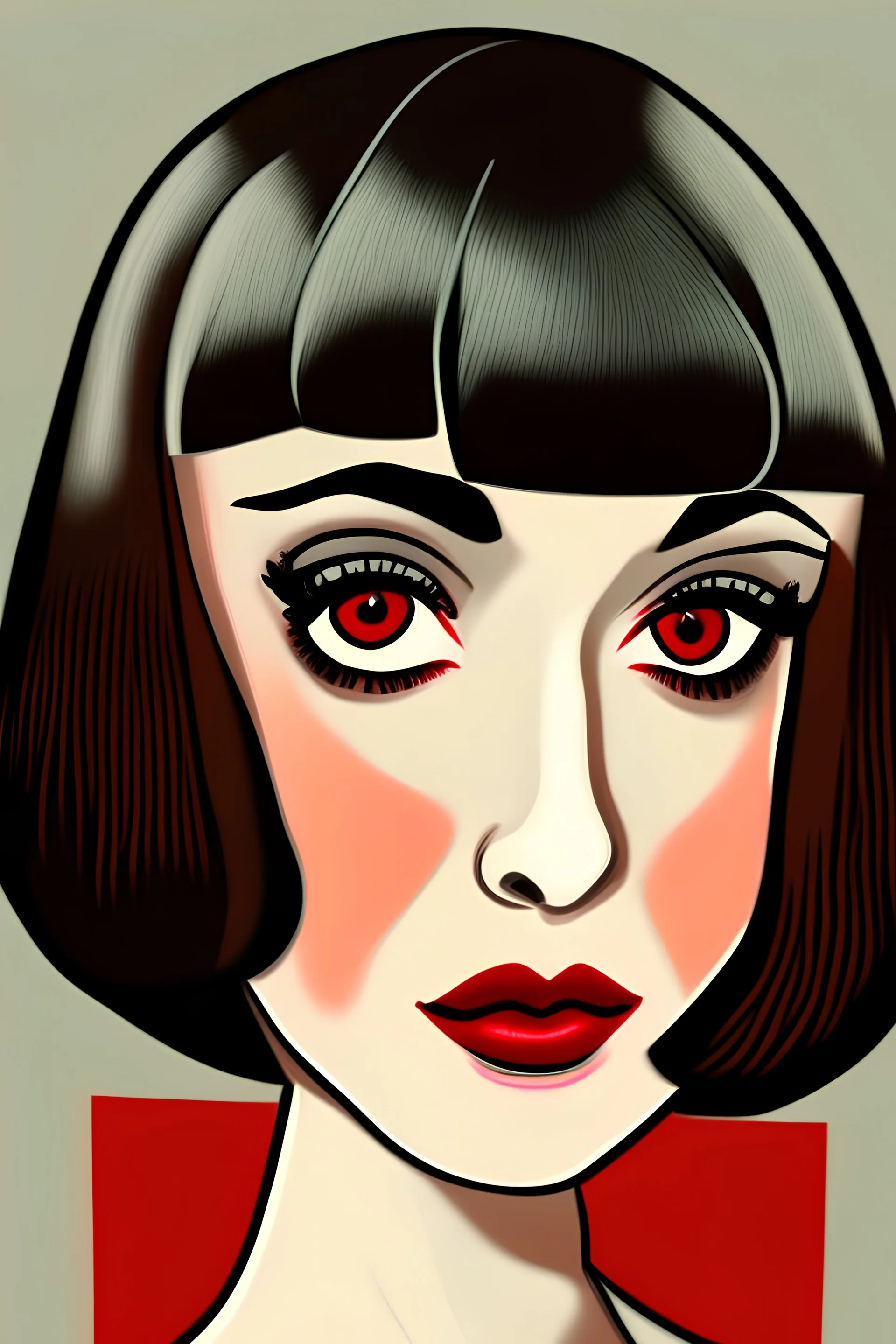 cartoon portrait of french brunette lady with bob cut, long eyelashes and red lips