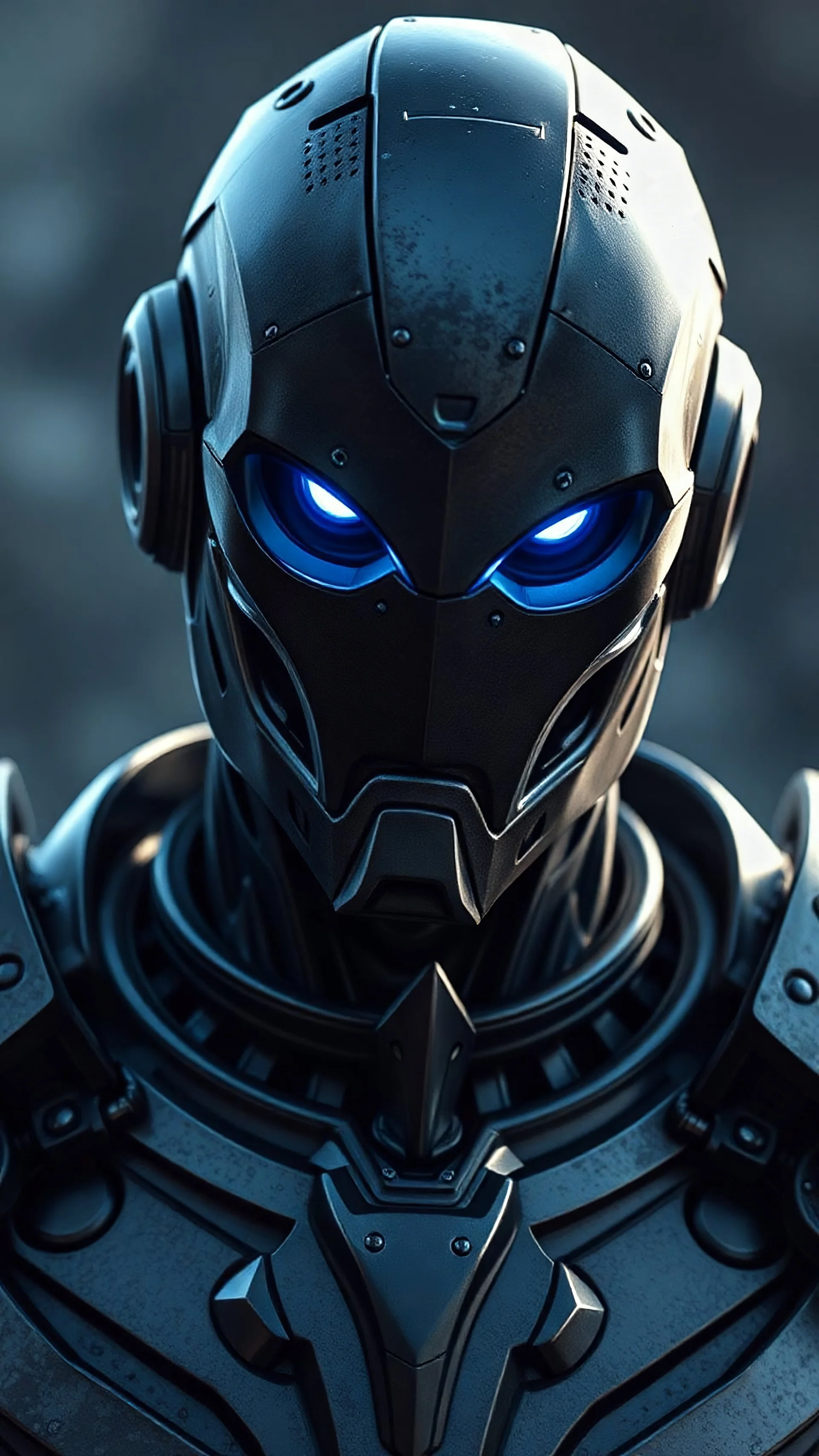 Male Warforged, futuristic, with thin blue glowing eyes, made from smooth dark titanium alloy, dungeons and dragons