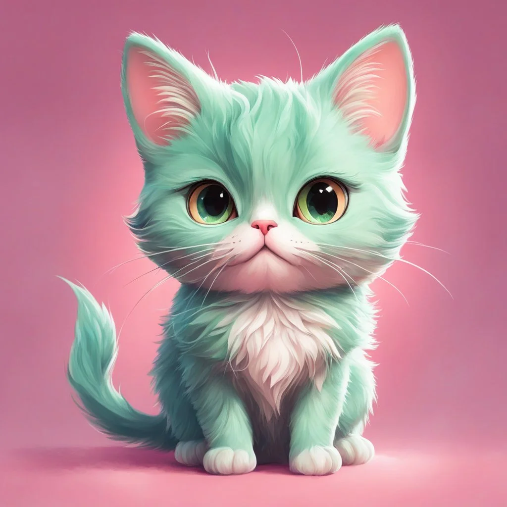 A delightful and adorable cartoon illustration featuring a cute mint-colored cat against a charming pink background, (delightful illustration:1.4), (adorable cartoon cat:1.5), (charming pink background:1.3), (expressive mint hues:1.2), inspired by the styles of cute cartoon artists, trending on ArtStation, Intricate, Sharp focus, vibrant lighting, (whimsical:1.4), (playful ambiance:1.3), (lush fur details:1.5), Cartoon, Masterful, Captivating, High Detail, Cinematic view