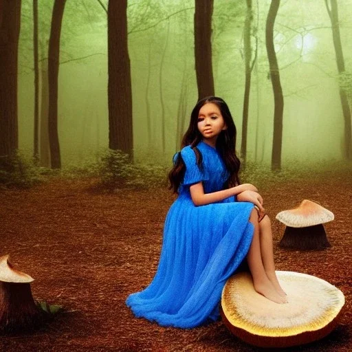 jenna ortega as a sourceress girl, beautiful, cute, seated, in a giant mushroom forest, with mist, blue intricate dress, high definition, cinematic, rendering