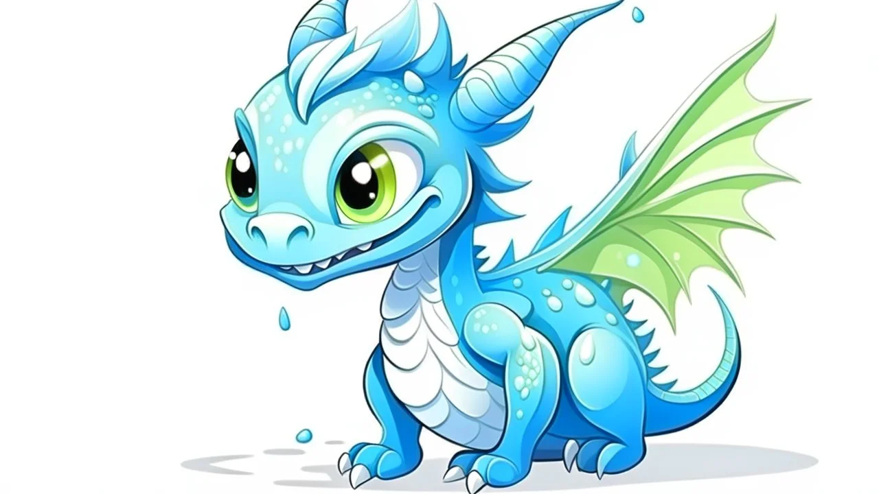 cartoon illustration: a cute ice dragon with big shiny eyes. The dragon is spreading his big wings