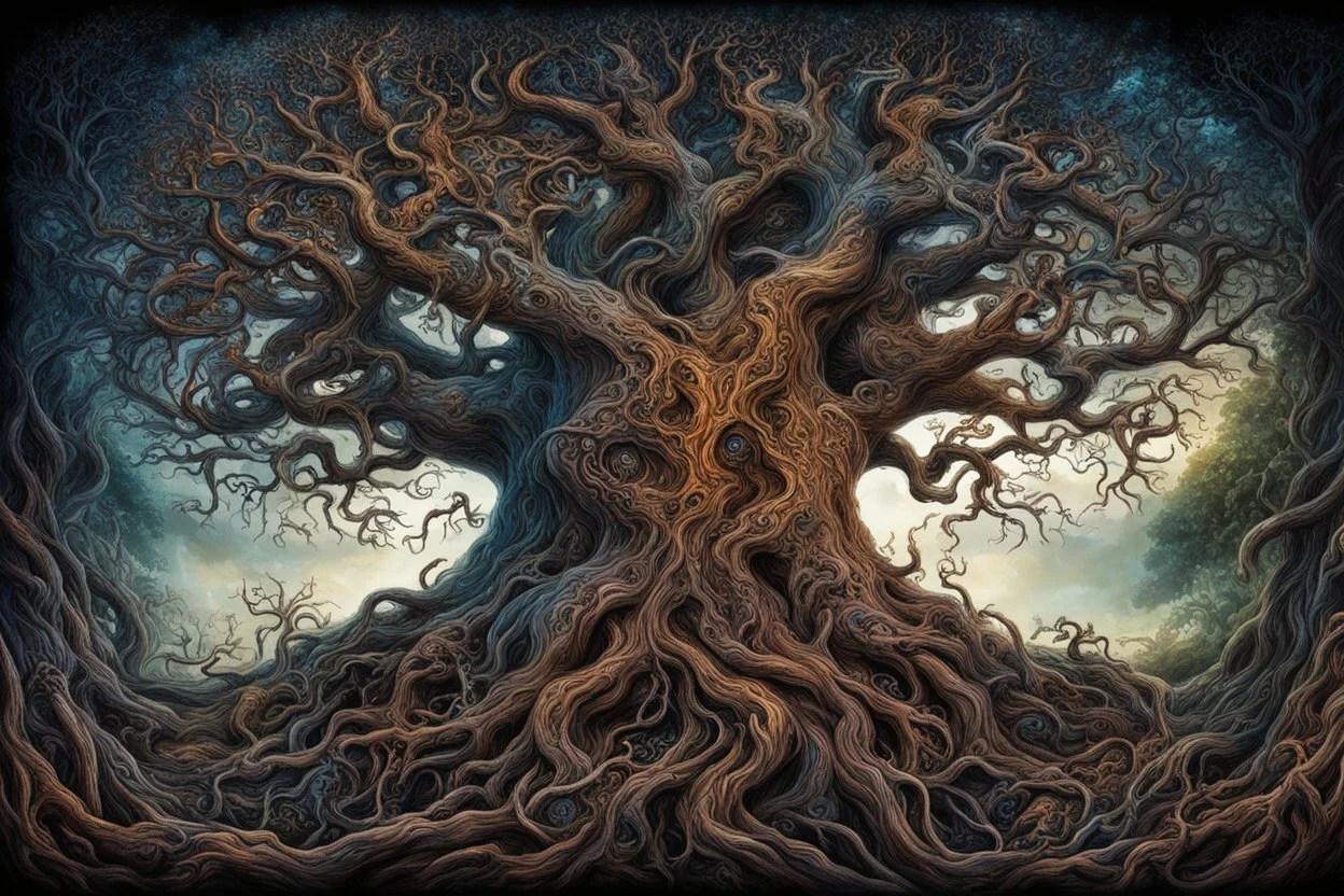 gnarled and twisted tree of life with faces and bodies crawling out of the trunk and branches, deep colour, in the multiverse