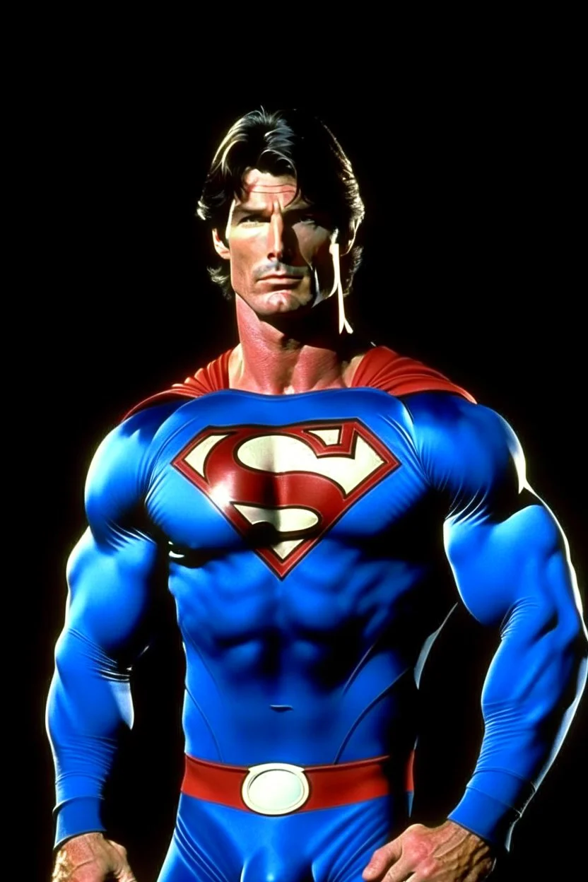 extremely muscular, short, curly, buzz-cut, military-style haircut, pitch black hair, Paul Stanley/Elvis Presley/Pierce Brosnan/Jon Bernthal/Sean Bean/Dolph Lundgren/Keanu Reeves/Patrick Swayze/ hybrid, as the extremely muscular Superhero "SUPERSONIC" in an original patriotic red, white and blue, "Supersonic" Super suit with an America Flag Cape,