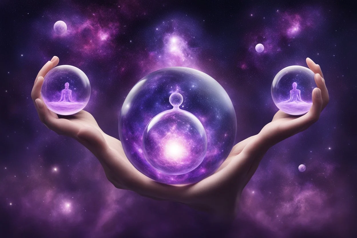 kundalini, connected to the universe, purple galaxy, holding universes in glass balls in hands around