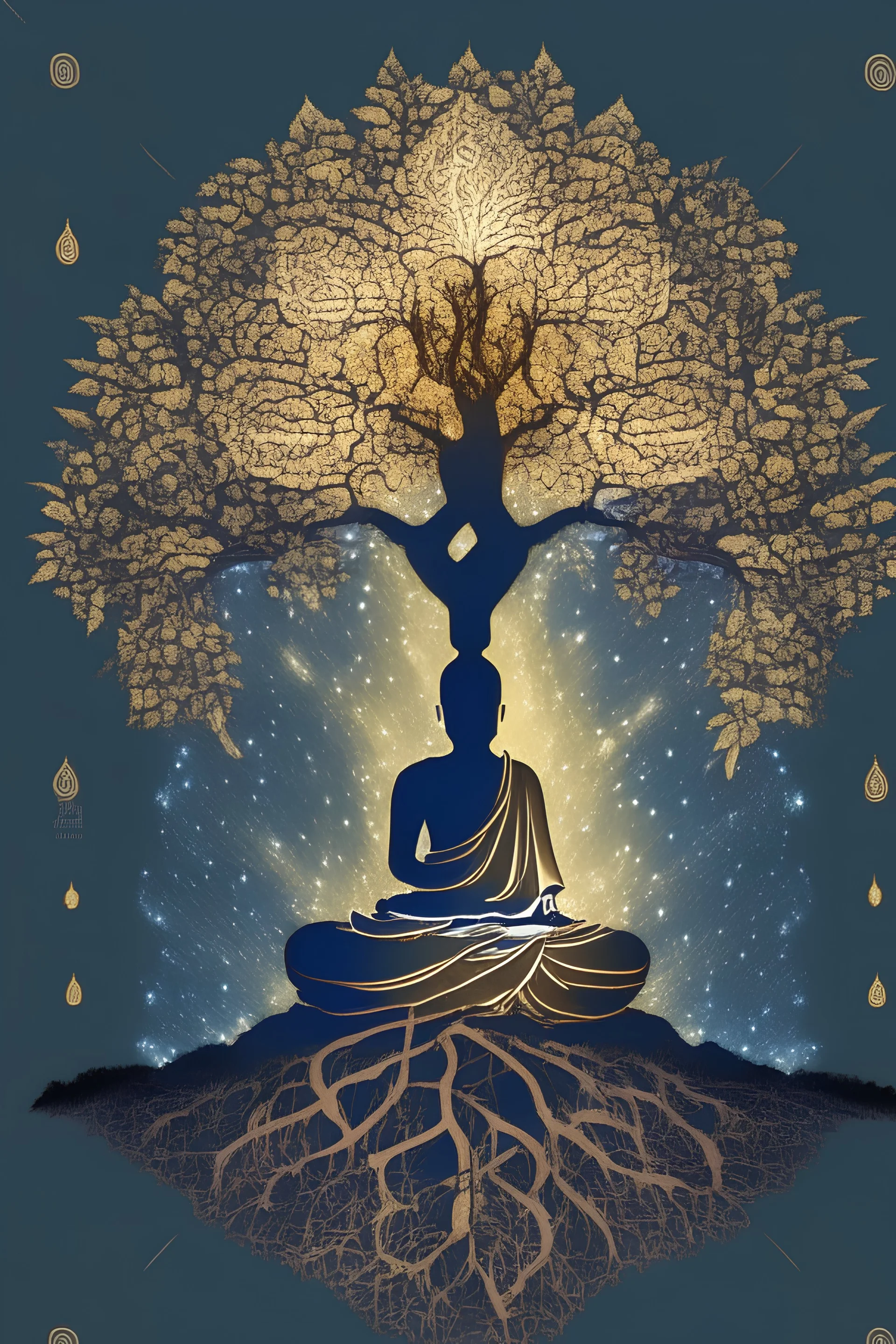 buddha sitted in front, tree of life with geometric swirls as leaves, starry night, 4K