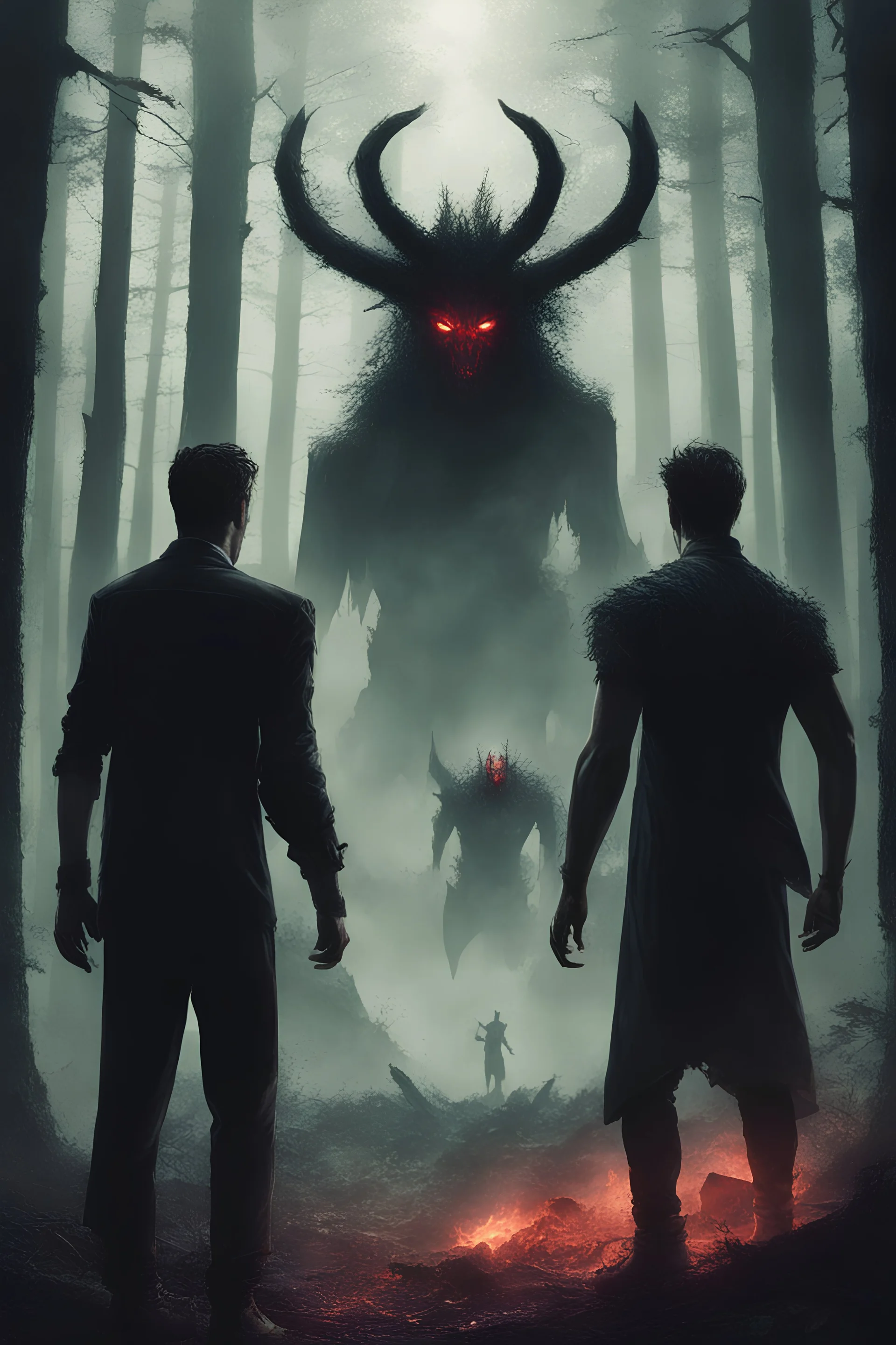 the 2 men vs the demon in the forest