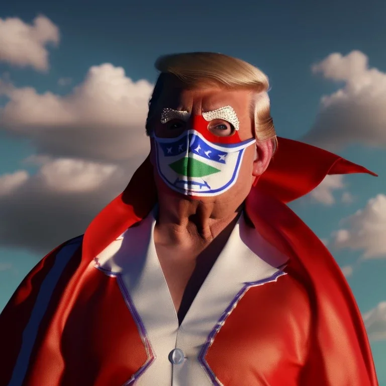 realistic image of donald trump as a mexican wrestling fighter posing outdoors, Mexican eyes wrestling mask, red and blue breeches, confederate flag cape, retro style, 80s, vibrant color, highly detailed, sky background, concept art, unreal engine 5, god rays, ray tracing, RTX, lumen lighting, ultra detail, volumetric lighting, 3d, finely drawn, high definition, high resolution.