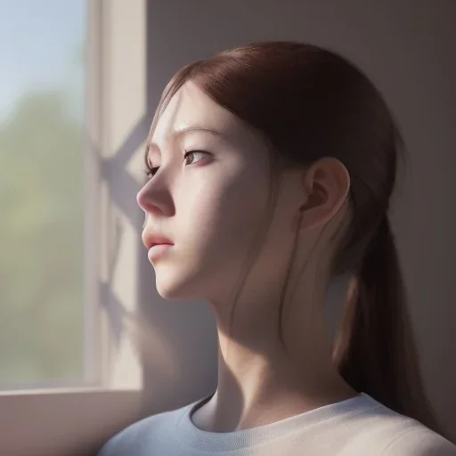 female student studying by the window, anime style,perfect face, cool face, unreal engine 5, cinema4d, sun light, studio lighting --ar 1:1 --v 4