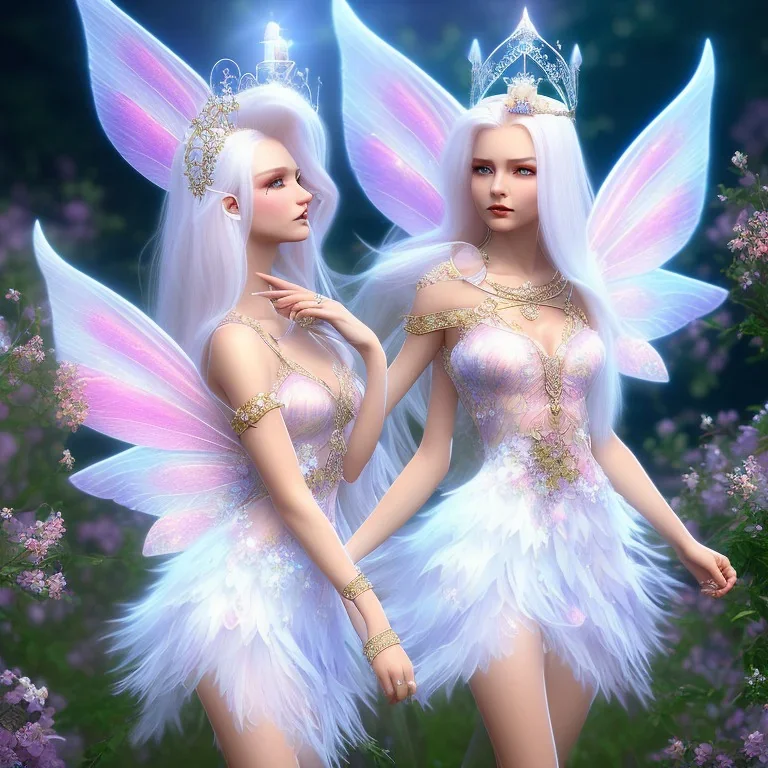 cute fantasy fairy with transparent wings, smiling, blue eyes, make up, long platinum blond hair with crown and flowers, pink dress, unity engine