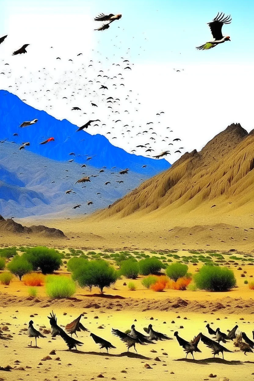 Flight are flying on dry mountain of Balochistan and raining there and birds are flying. Baloch are dancing