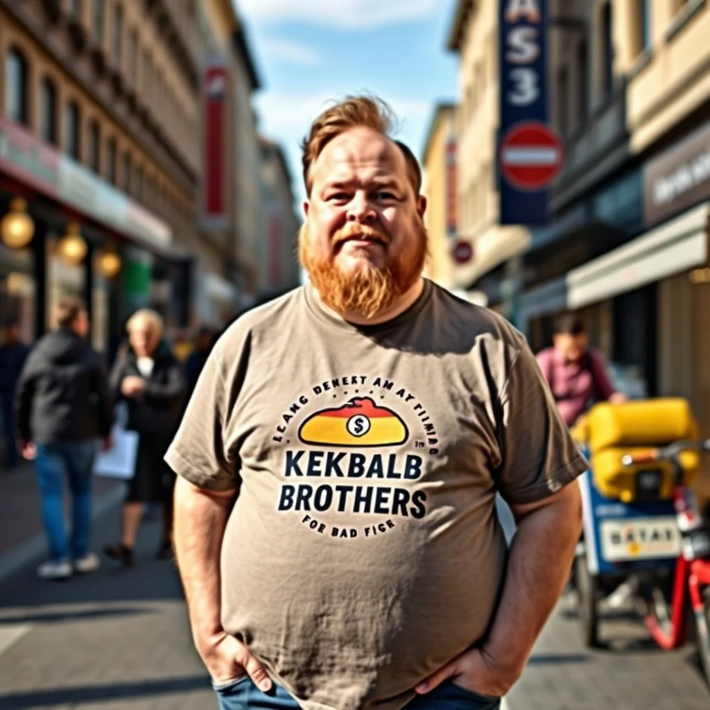 a little fat swedish man standing on a busy street wearing a t-shirt. a kebab brothers t shirt, with a kebab brothers logo