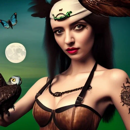 hyper realistic, young cute girl, short black air, green eyes, holding a owl, batterfly simple black tatoo, dressed a steampunk pirate, bra with carved leather, ships in background salvador dalì style. high details, raining with moon. 4k, unreal engine