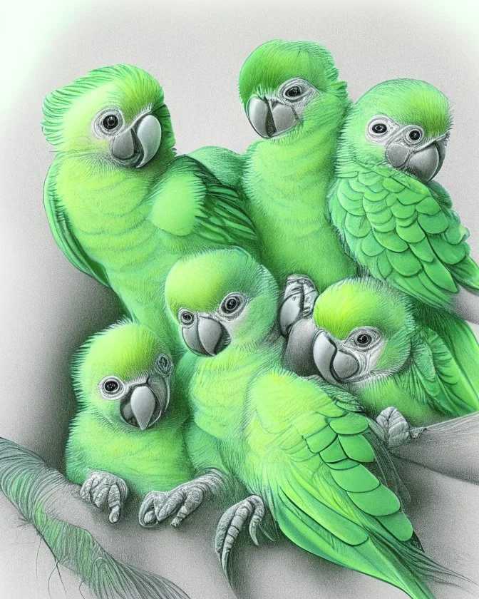 Drawing of a group of baby parrots