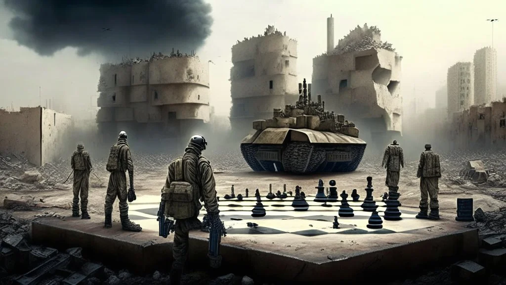 Israeli soldiers and tanks stand on a very large chessboard in the middle of a destroyed city