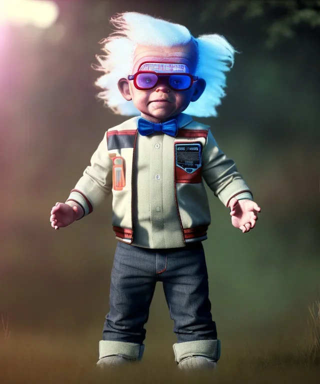 Emmet brown toddler, full body, delorean, dramatic lighting, hyper realistic