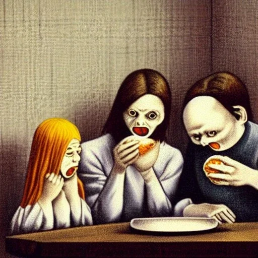 Creepy folk people eating eggshell