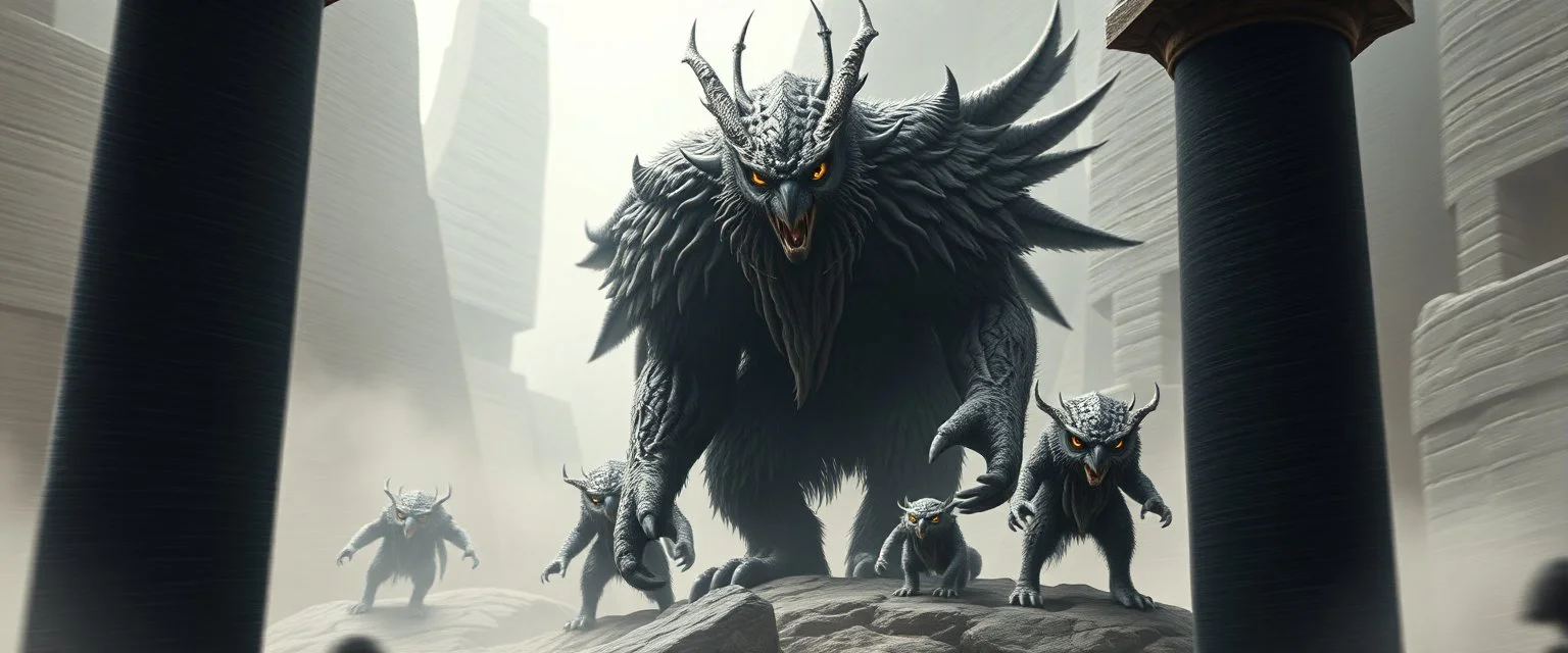 bad ass Owlbears medusa overlord with some kobolds, hyperrealism, motion blur background with black stone pillars as frame