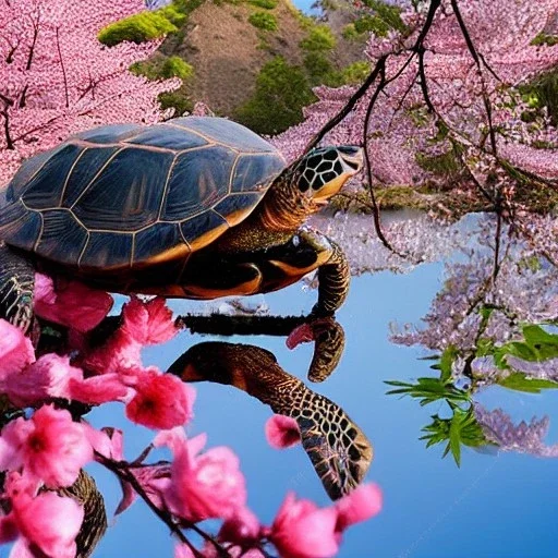 Turtle and Mount Fuji and cherry blossoms