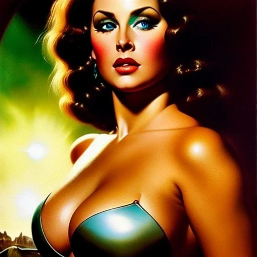 portrait oil on canvas, beautiful busty android C-18, green big eyes, ,minimal armor,comic book cover, mystical colors,insanely detailed,realistic,intrincate detail, 16k resolution, masterpiece,Frank Frazetta,Alex Horley, Simon Bisley