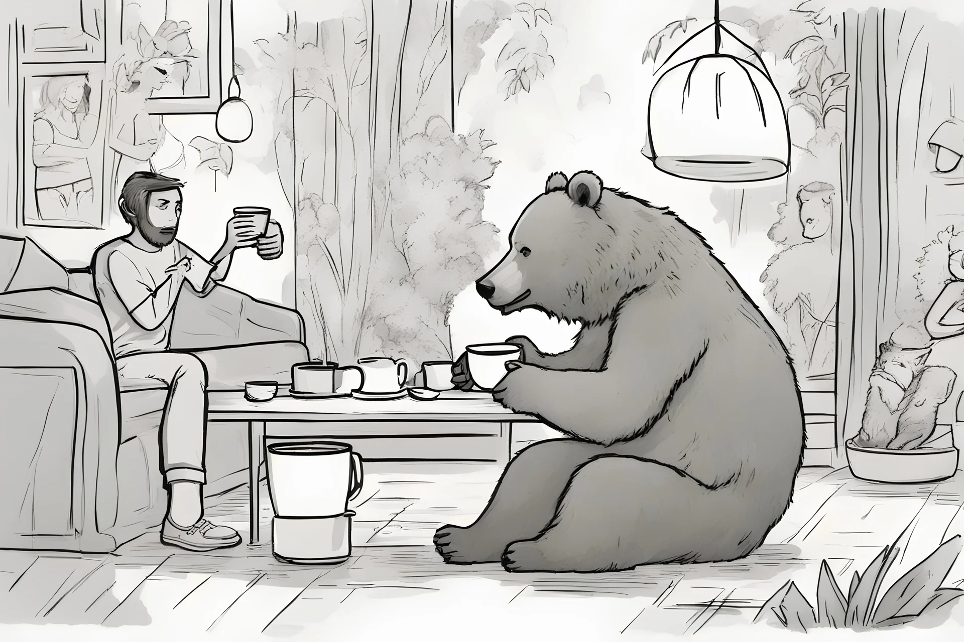 Bear drinking coffee with human friends