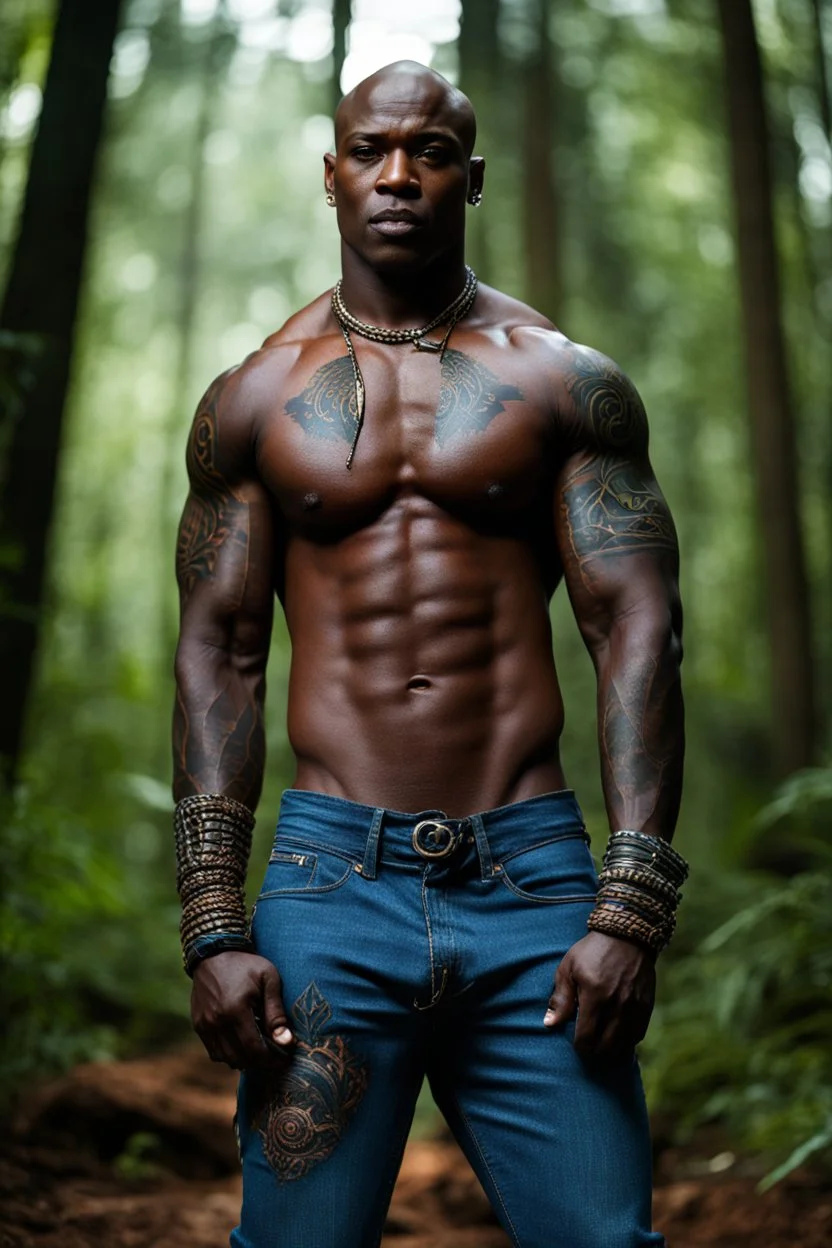 Alimi Ballard as muscular man bald with tribal tattoos wearing jeans and a teeshirt, fantasy, forest