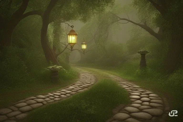 wooded forest cobblestone path lantern