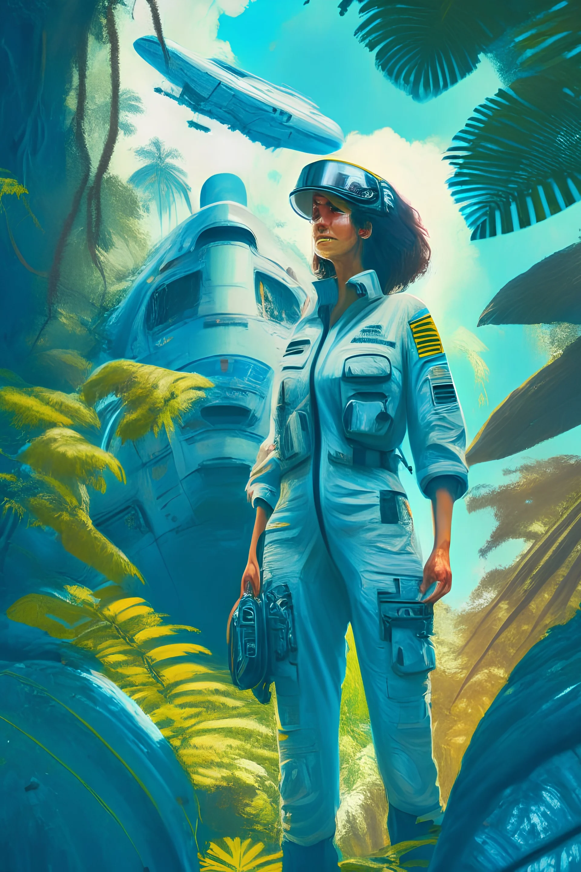 woman wearing a boiler suit, standing next to a spaceship, in a jungle clearing, with a blue sky