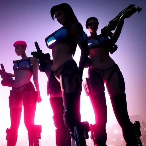 beautiful cyberpunk women defender herself from 3 cyberpunk soldiers