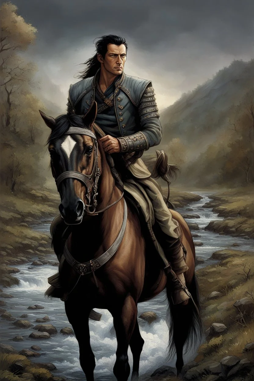 A 40 year old mercenary in a battle jacket and travelers cloth. He is riding a dark gray horse. He is tall, slim, has a sharply cut face. black hair, short ponytail on the top of his head. Perfect face. Perfect eyes. Perfect hands. Perfect feets. fantasy setting. A river ford in a wood. Style of Clive Barker