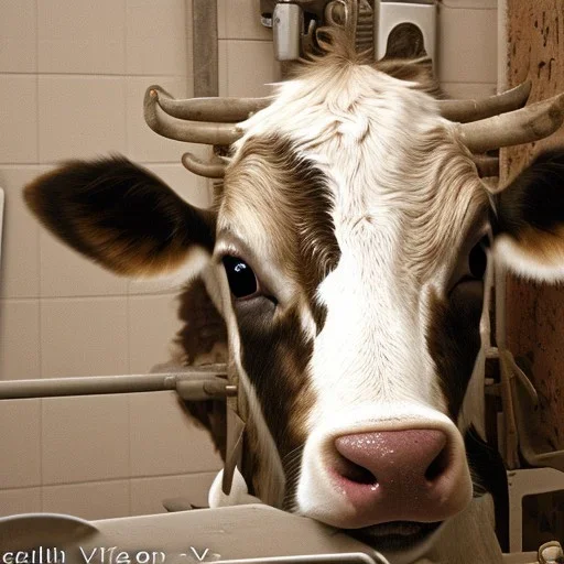 Crazy cow, waiting in her stall to be milked.